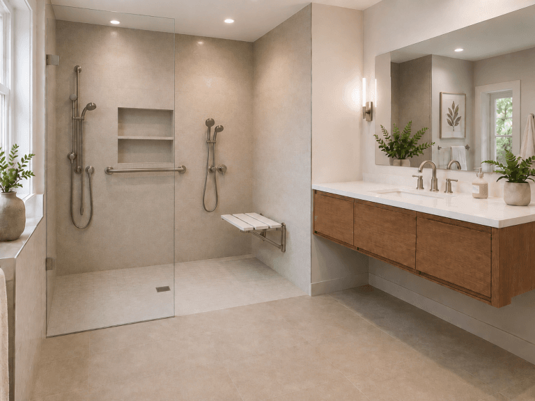 Accessible spa bathroom with zero-threshold shower, grab bars, and roll-under vanity