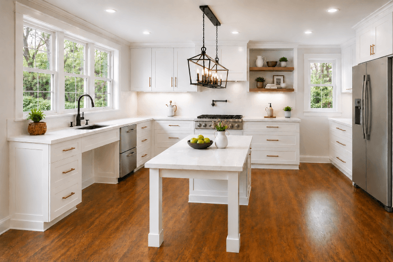 Accessible white kitchen remodel with open layout, wide clearances, and drawer storage