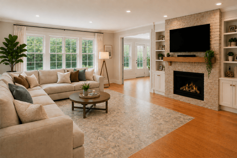 Open-concept living room with wide circulation paths, hardwood floors, and natural light