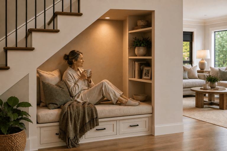 Caregiver enjoying a quiet moment with a cup of tea in a comfortable nook designed for wellness and restoration beneath a staircase.