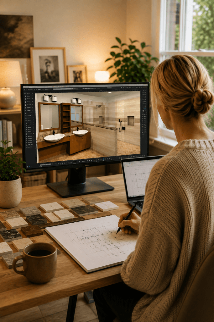 Residential designer developing an accessible bathroom design with floor plans, product samples, and a digital rendering in design software.